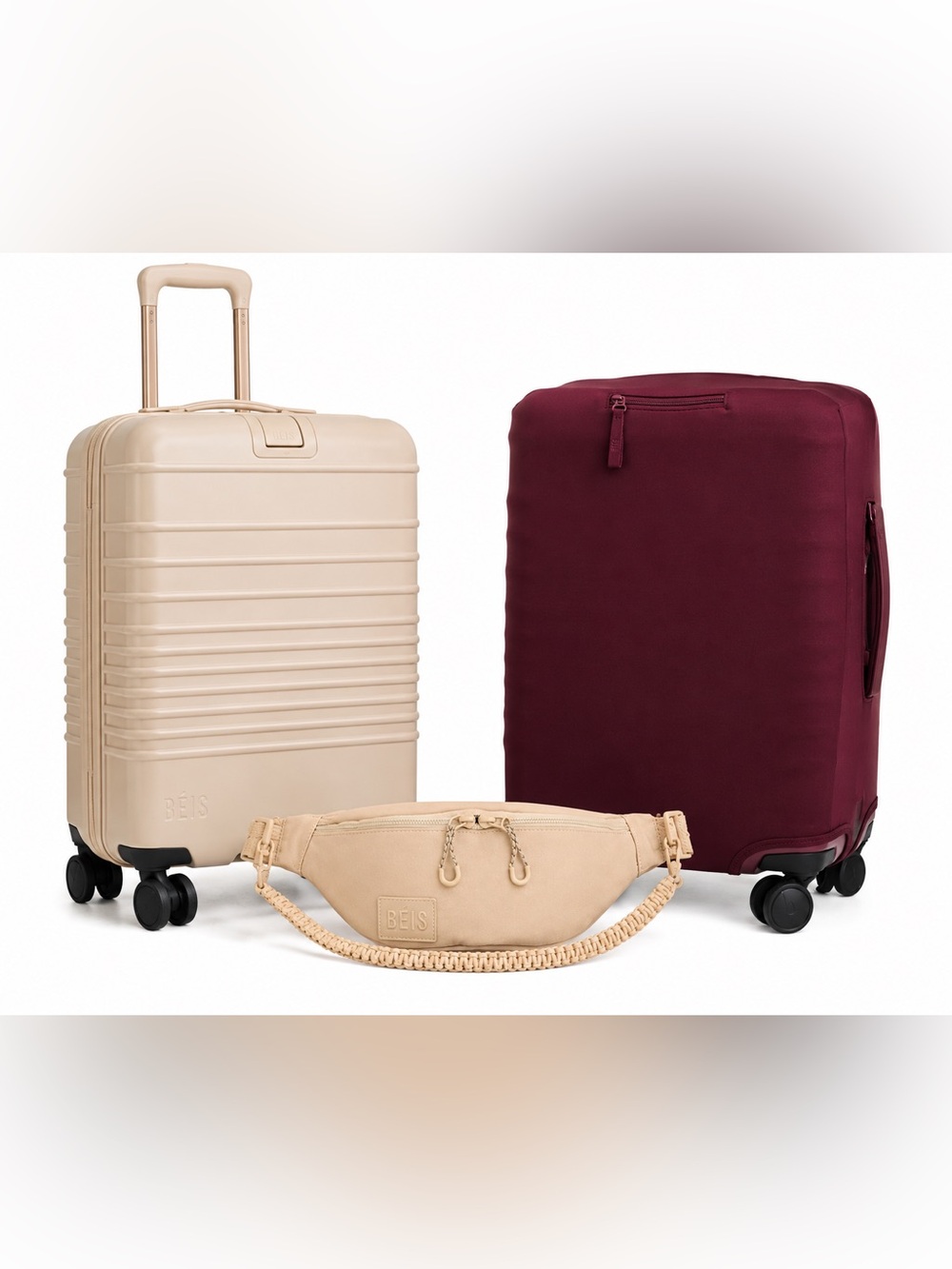 BEIS Beige Carry-On, Beige Belt Bag & Burgundy Suitcase Cover